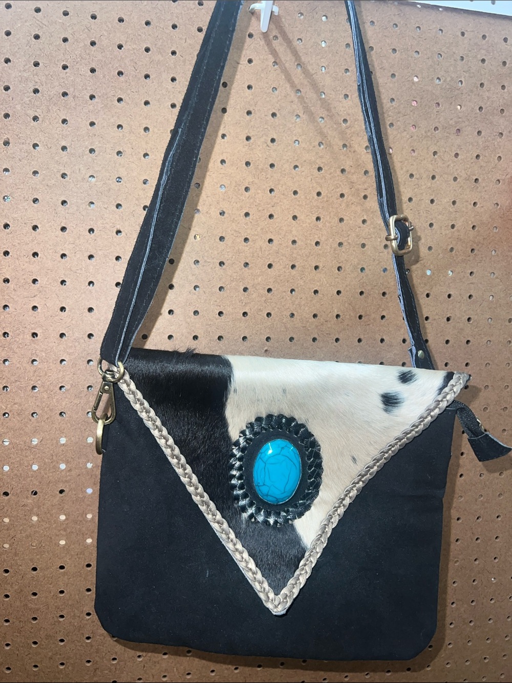 Cowhide/ Fur Crossbody Bag with Turquoise Accent